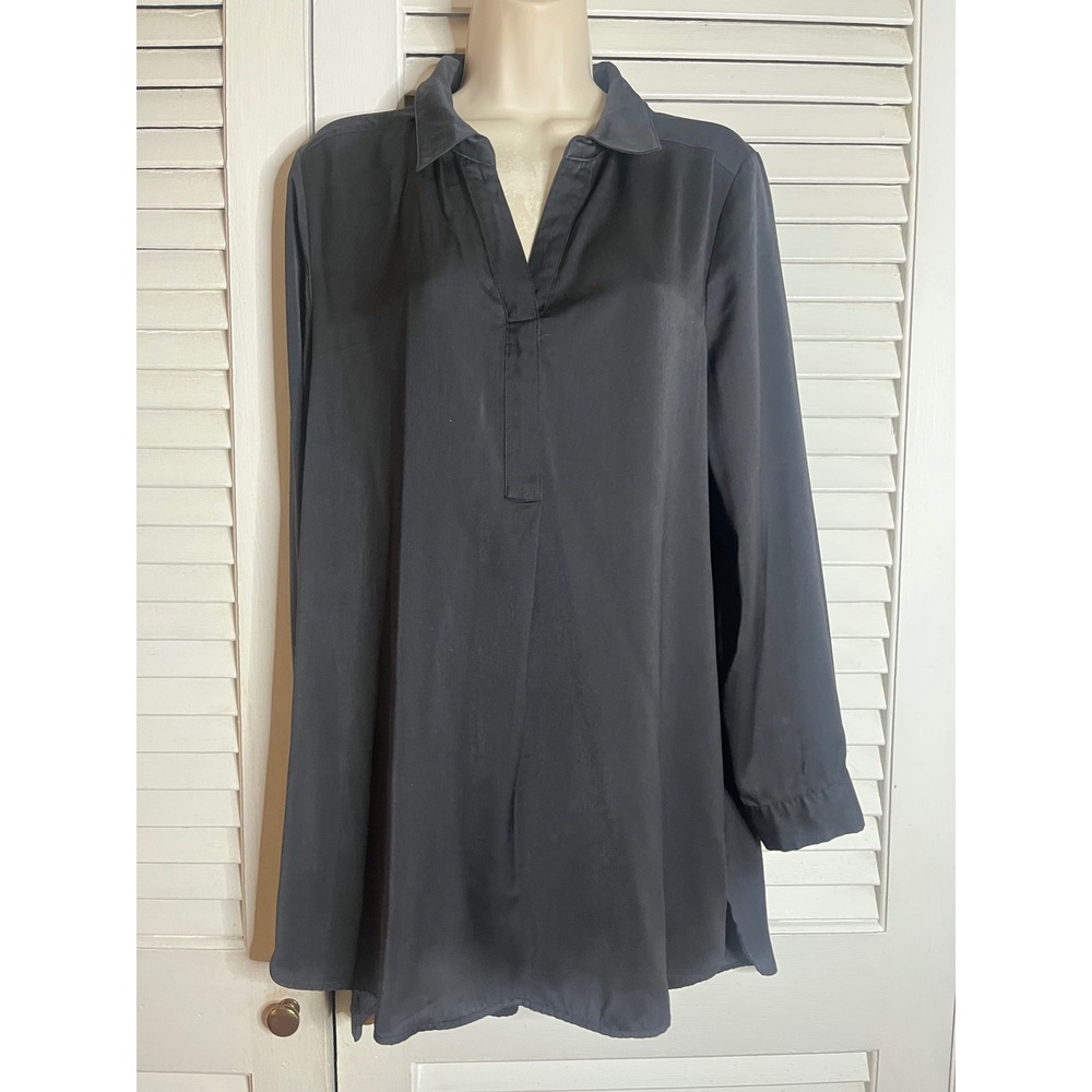DR2 by Daniel Rainn Black Satin Split V-Neck Tunic Blouse Long Sleeve PL